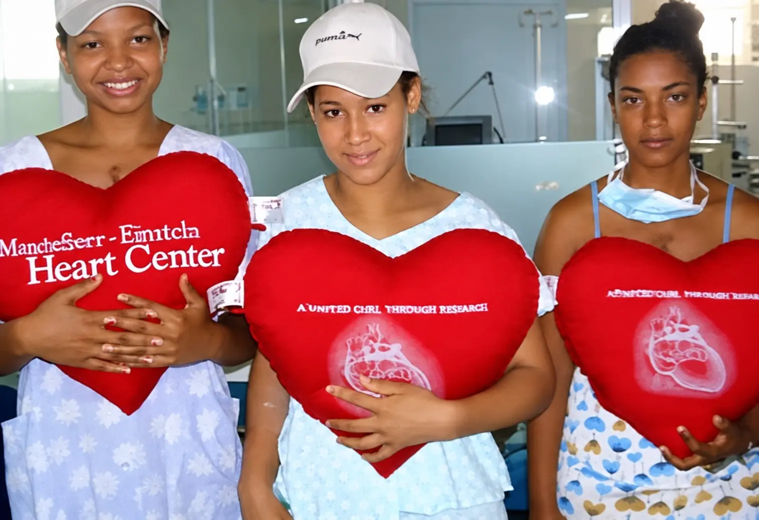 Heart to Heart cardiac surgery patients holding red heart pillows