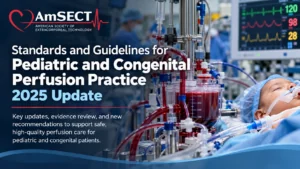 Illustration of pediatric cardiopulmonary bypass equipment and a cardiac operating room accompanying the 2025 AmSECT pediatric perfusion standards update.