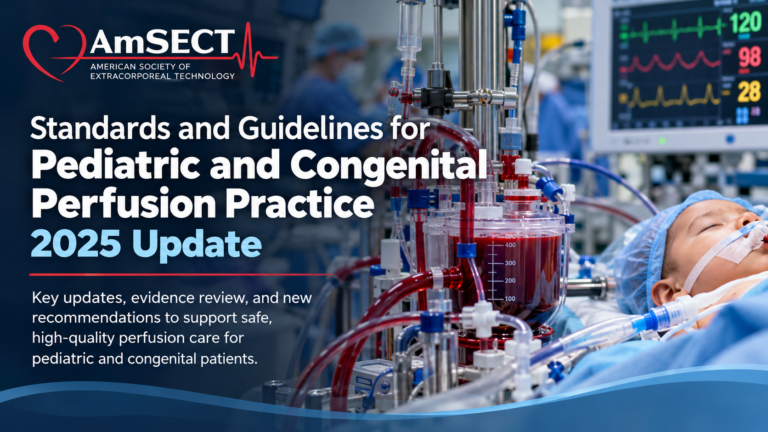 Illustration of pediatric cardiopulmonary bypass equipment and a cardiac operating room accompanying the 2025 AmSECT pediatric perfusion standards update.