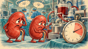 Illustration of concerned kidneys beside cardiopulmonary bypass equipment and a stopwatch in a cardiac operating room.