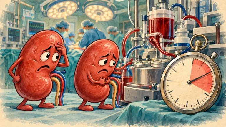 Illustration of concerned kidneys beside cardiopulmonary bypass equipment and a stopwatch in a cardiac operating room.