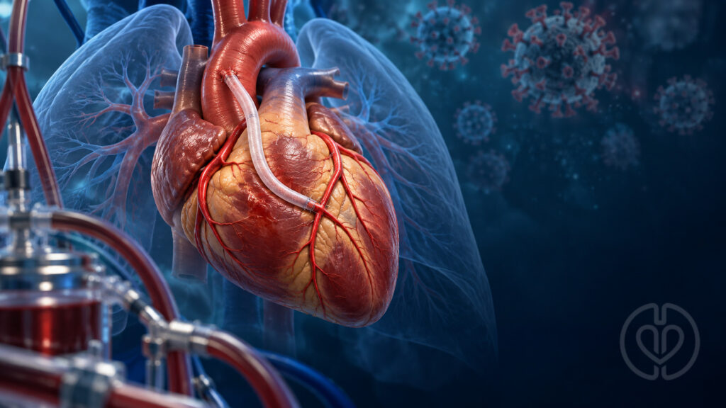 CABG after asymptomatic COVID-19: editorial illustration of a heart with a coronary bypass graft, lungs, and extracorporeal circuit