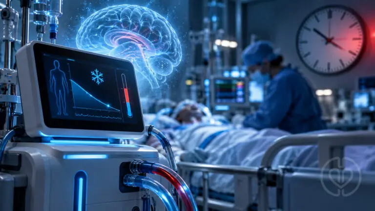 Early cooling after cardiac arrest: conceptual ICU temperature monitor, brain illustration, and elapsed-time clock