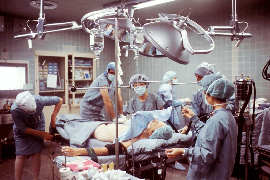 Operating room scene illustrating cardiac surgery research