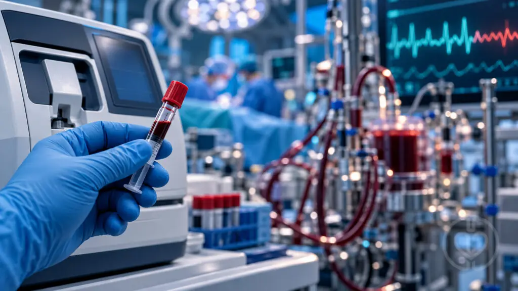 Editorial illustration of a blood sample beside a blood gas analyzer with cardiac surgery and perfusion equipment in the background.