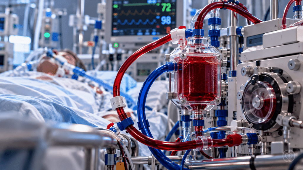 Photorealistic intensive care ECMO circuit with oxygenator, red and blue tubing and a patient receiving respiratory support