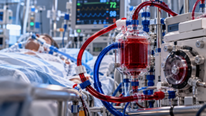 Photorealistic intensive care ECMO circuit with oxygenator, red and blue tubing and a patient receiving respiratory support