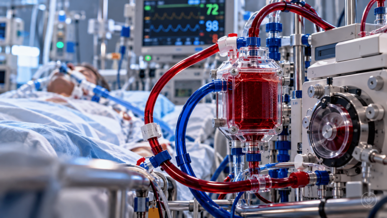 Photorealistic intensive care ECMO circuit with oxygenator, red and blue tubing and a patient receiving respiratory support