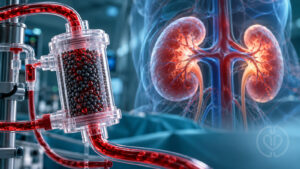 Editorial illustration of a hemoadsorption cartridge in an extracorporeal blood circuit beside kidneys.