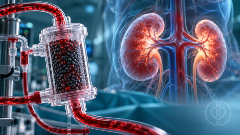 Editorial illustration of a hemoadsorption cartridge in an extracorporeal blood circuit beside kidneys.