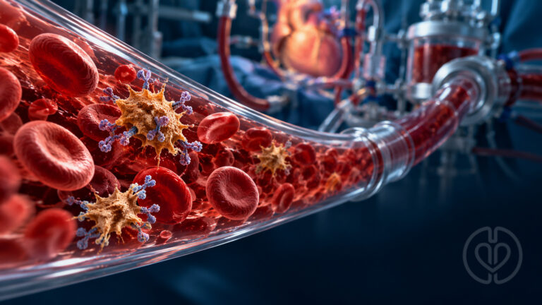 Editorial illustration of platelet activation and red blood cells in extracorporeal circuit tubing