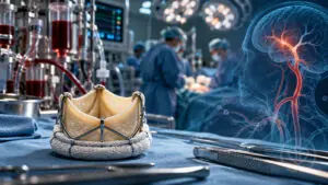 Editorial illustration of an aortic valve prosthesis, cardiac operating room, and cerebral circulation