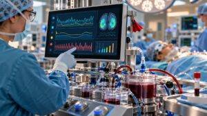 Illustration of a perfusionist reviewing monitoring information beside bypass equipment, with a patient receiving cerebral oxygen monitoring.