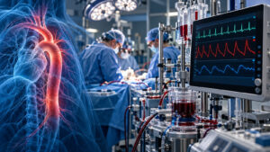 Conceptual illustration of aortic anatomy, hemodynamic waveforms, and cardiac bypass equipment with the standard IPA watermark