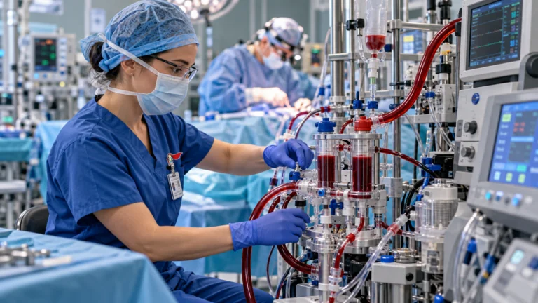 Illustration of a perfusionist managing blood cardioplegia delivery equipment during coronary bypass surgery.