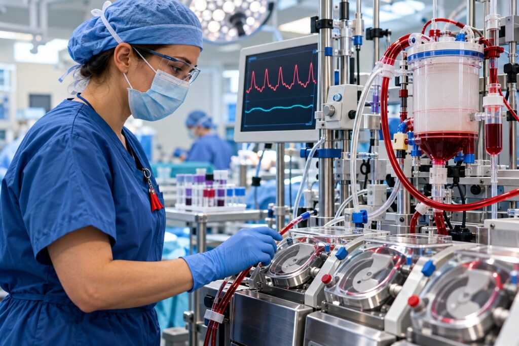 Illustrative operating room scene with a perfusionist, cardiopulmonary bypass equipment, and flow waveform displays.