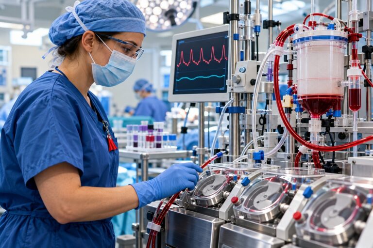 Illustrative operating room scene with a perfusionist, cardiopulmonary bypass equipment, and flow waveform displays.