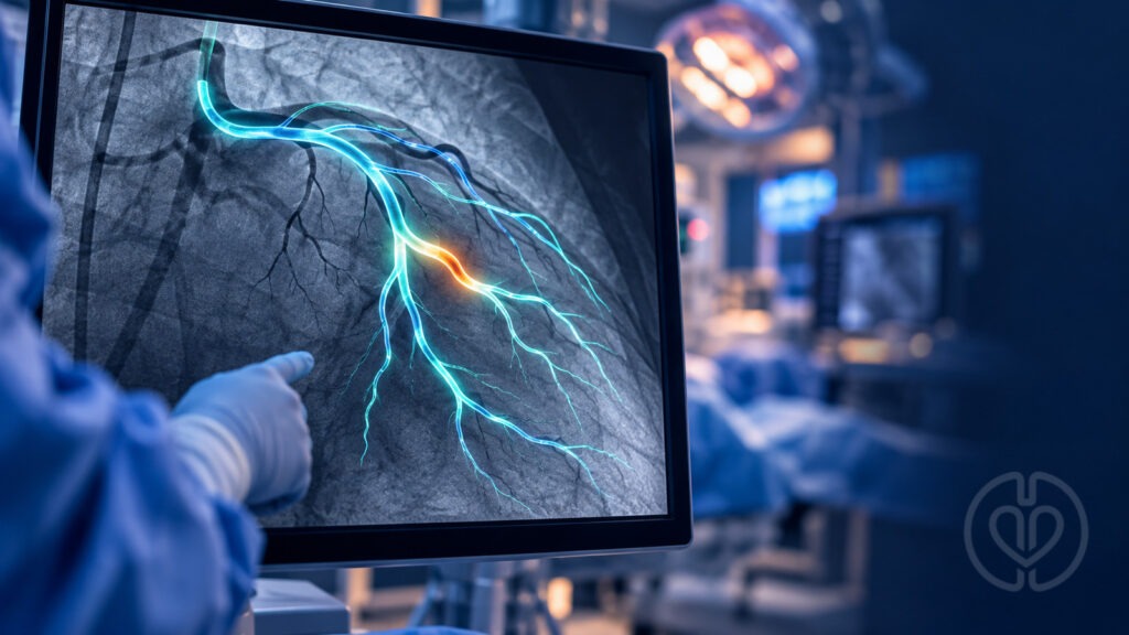 Quantitative flow ratio editorial illustration of a coronary angiogram with computational vessel assessment and approved IPA watermark