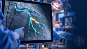 Quantitative flow ratio editorial illustration of a coronary angiogram with computational vessel assessment and approved IPA watermark
