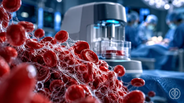 TEG 6s blood management illustration showing red blood cells, fibrin strands and a coagulation analyzer