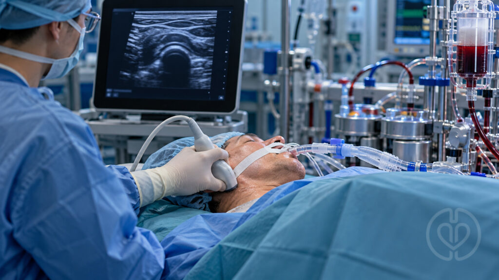 Editorial illustration of upper airway ultrasound during cardiac surgery, with bypass equipment and the standard IPA watermark.