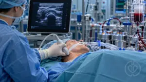 Editorial illustration of upper airway ultrasound during cardiac surgery, with bypass equipment and the standard IPA watermark.