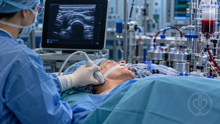 Editorial illustration of upper airway ultrasound during cardiac surgery, with bypass equipment and the standard IPA watermark.