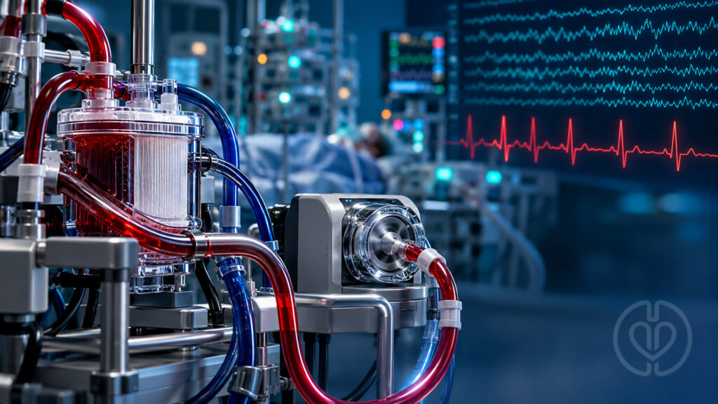 Editorial illustration of extracorporeal circulatory support and intensive care monitoring for a VA-ECMO and Impella case report