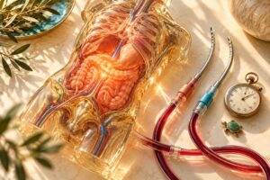 AI-generated conceptual still-life of an anatomical torso model, perfusion cannulae, tubing, and a stopwatch.