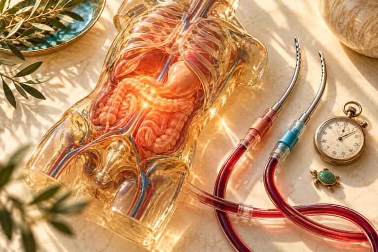 AI-generated conceptual still-life of an anatomical torso model, perfusion cannulae, tubing, and a stopwatch.