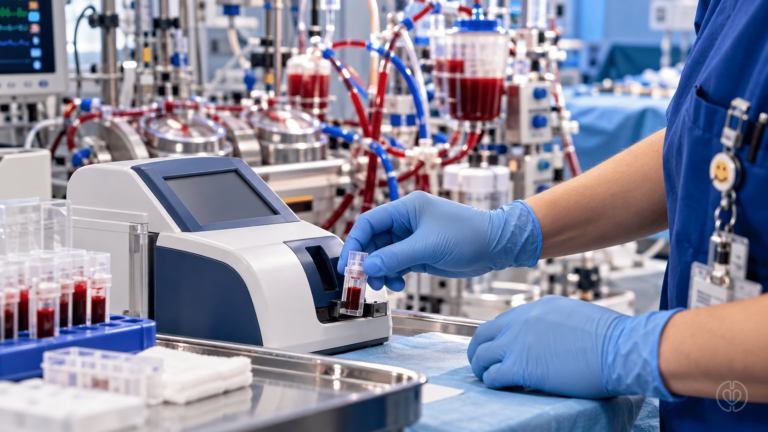 Illustration of a perfusionist testing a blood sample beside a cardiopulmonary bypass circuit