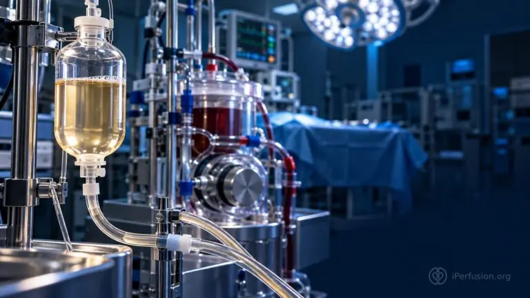 Illustrative albumin infusion bottle and perfusion circuit in an operating room