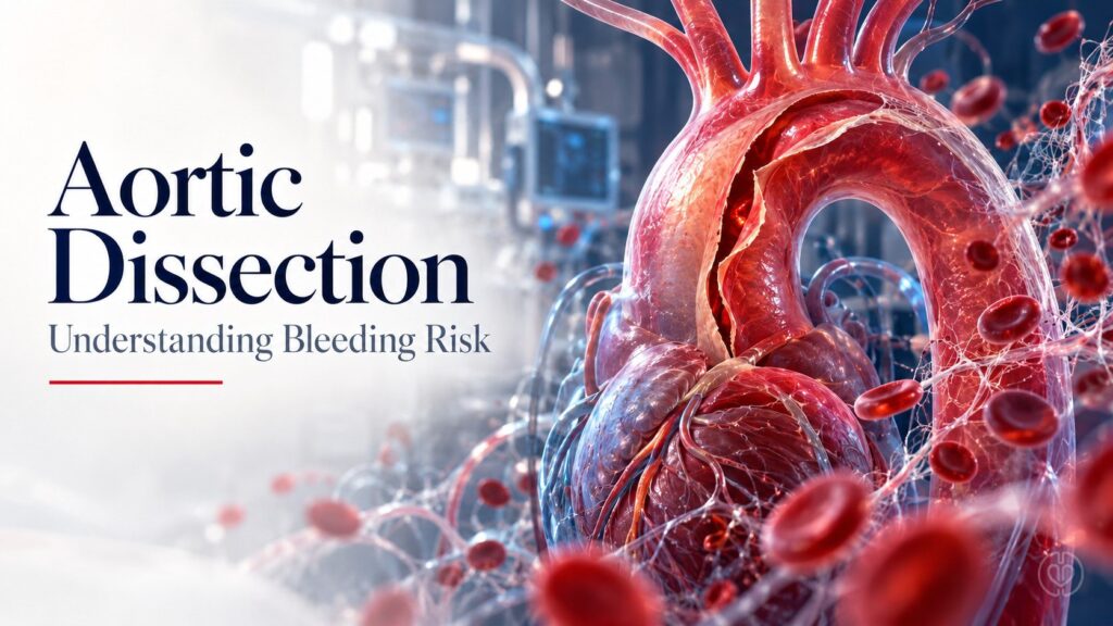Conceptual illustration of ascending aortic dissection and coagulation in IPA navy, red, and white.