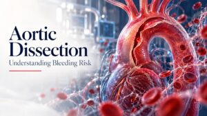 Conceptual illustration of ascending aortic dissection and coagulation in IPA navy, red, and white.