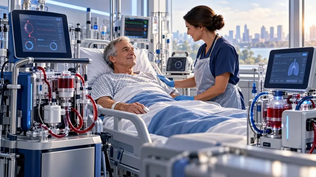 Conceptual illustration of an awake patient receiving advanced extracorporeal support before heart–lung transplantation
