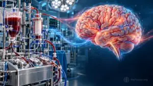 Conceptual illustration of a CPB circuit beside a human brain