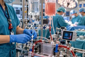 Illustration of a perfusionist managing cold cardioplegia delivery during adult cardiac surgery