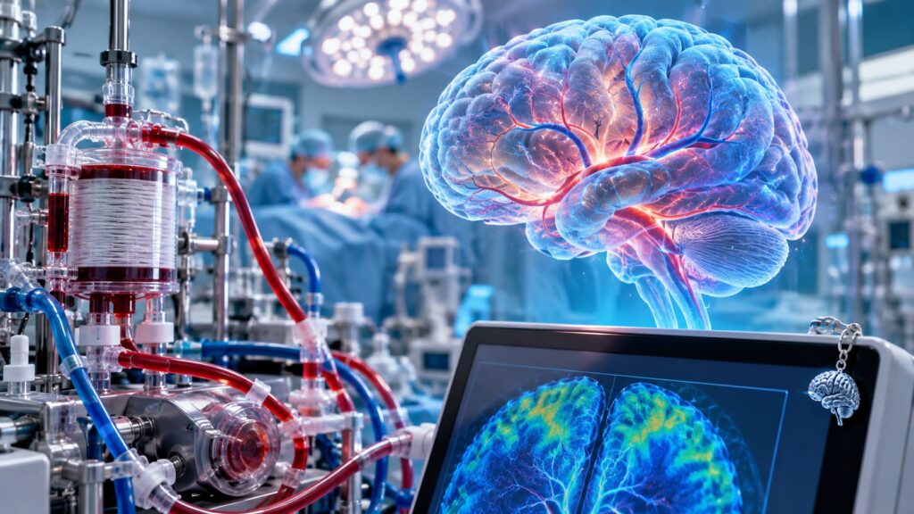 Conceptual illustration of cerebral oxygenation monitoring beside cardiopulmonary bypass equipment.