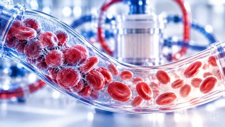 Conceptual artwork of red blood cells clustered in a cool region and dispersed in a warmer region, with bypass equipment and the IPA watermark.