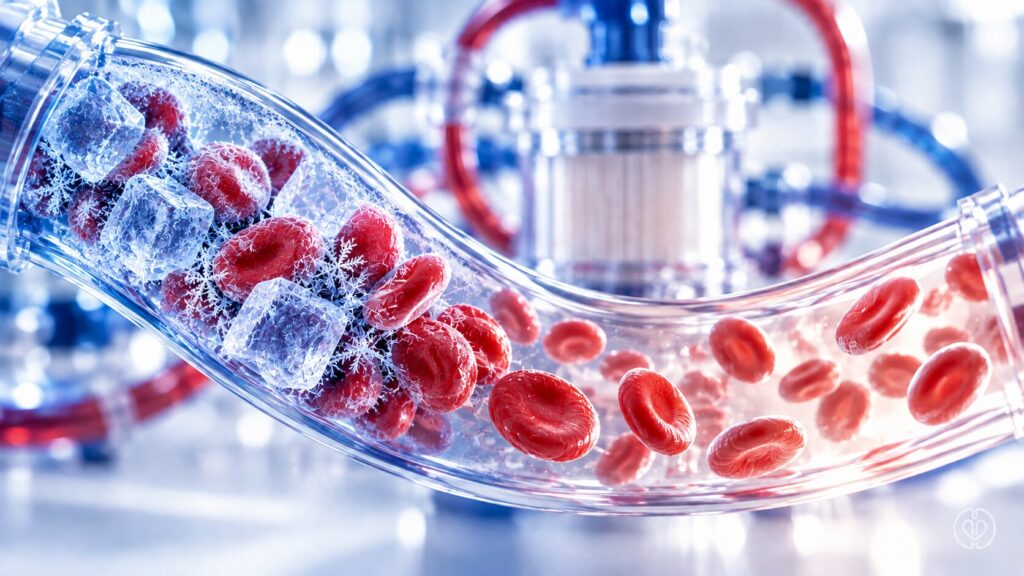 Conceptual illustration using ice cubes as a visual metaphor for cold-triggered red-cell aggregation, with IPA watermark.