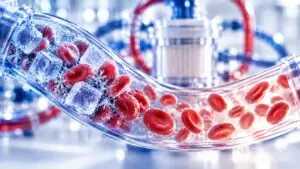 Conceptual illustration using ice cubes as a visual metaphor for cold-triggered red-cell aggregation, with IPA watermark.