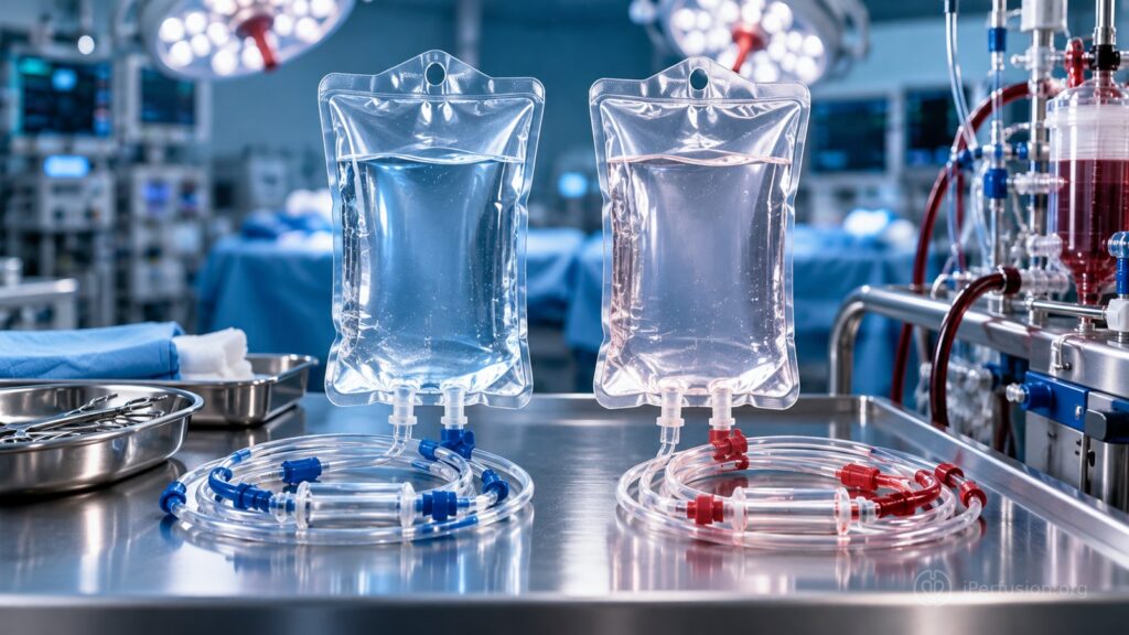 Conceptual cardioplegia preparation scene illustrating a comparison of Del Nido and Custodiol in aortic valve surgery.