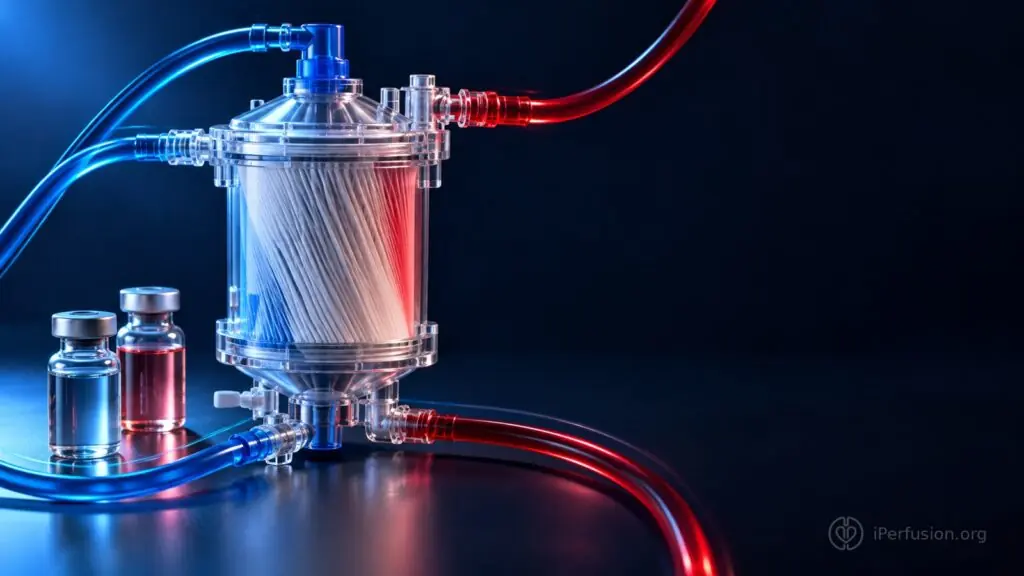 Conceptual illustration of an ECMO oxygenator, red and blue tubing, and medication vials