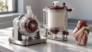Conceptual illustration of extracorporeal support equipment beside a heart teaching model