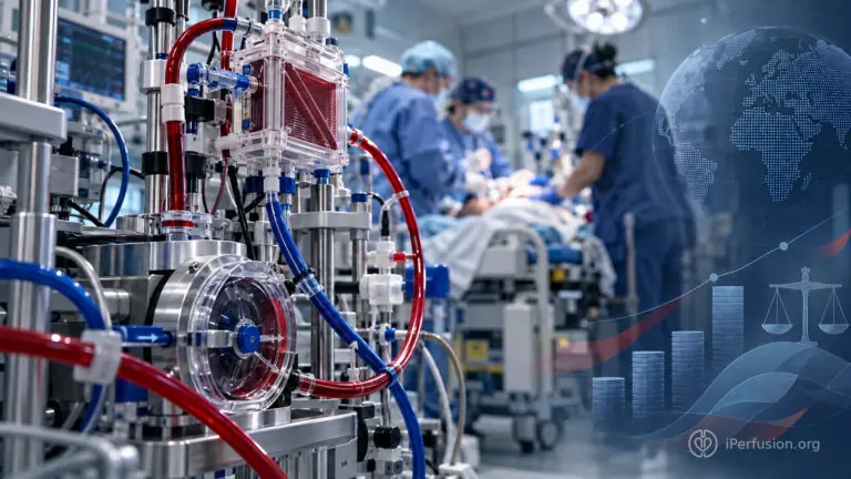 Illustration of an ECMO circuit in a resuscitation setting with economic evaluation motifs.