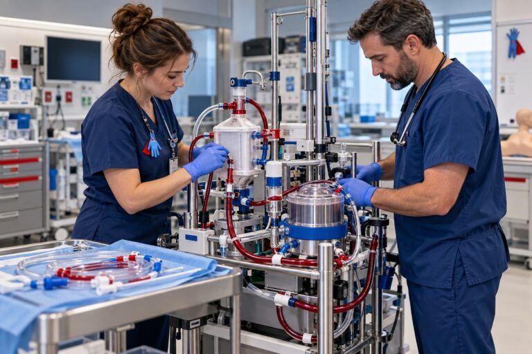 AI-generated illustration of two clinicians preparing extracorporeal equipment in a simulation room.