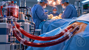 Femoral cannulation before redo cardiac surgery, with the exact approved faint white IPA watermark.
