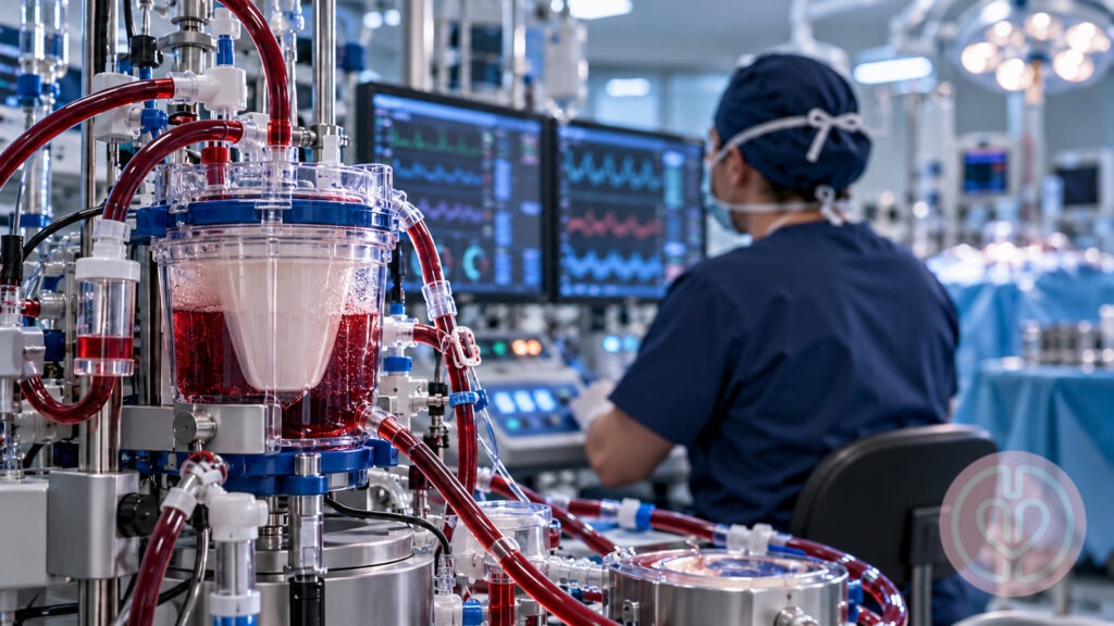 Clinical editorial illustration with the official International Perfusion Association logo at 50 percent opacity