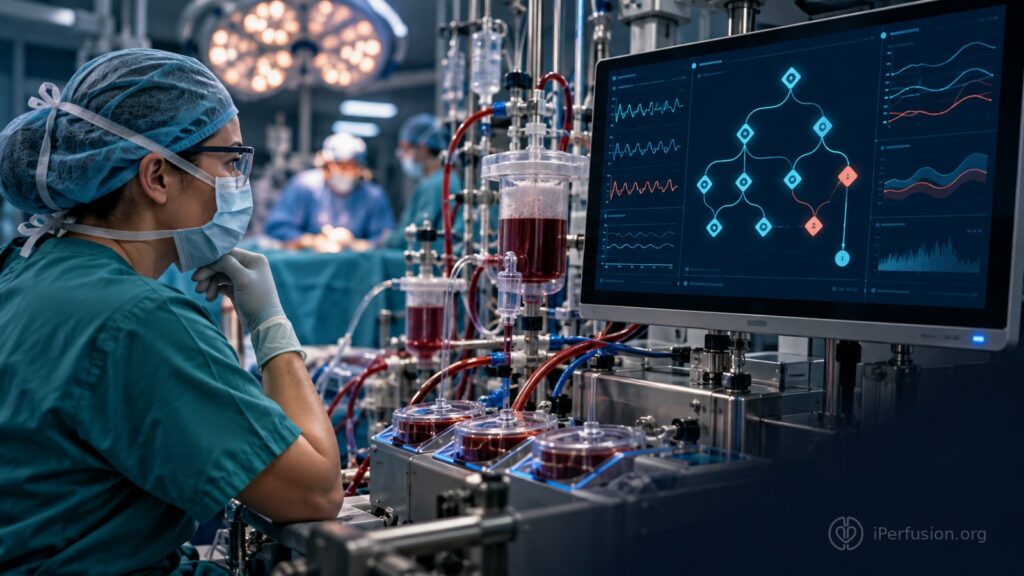 Editorial illustration of a perfusionist reviewing a decision-support display beside a heart-lung machine.