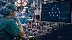 Editorial illustration of a perfusionist reviewing a decision-support display beside a heart-lung machine.